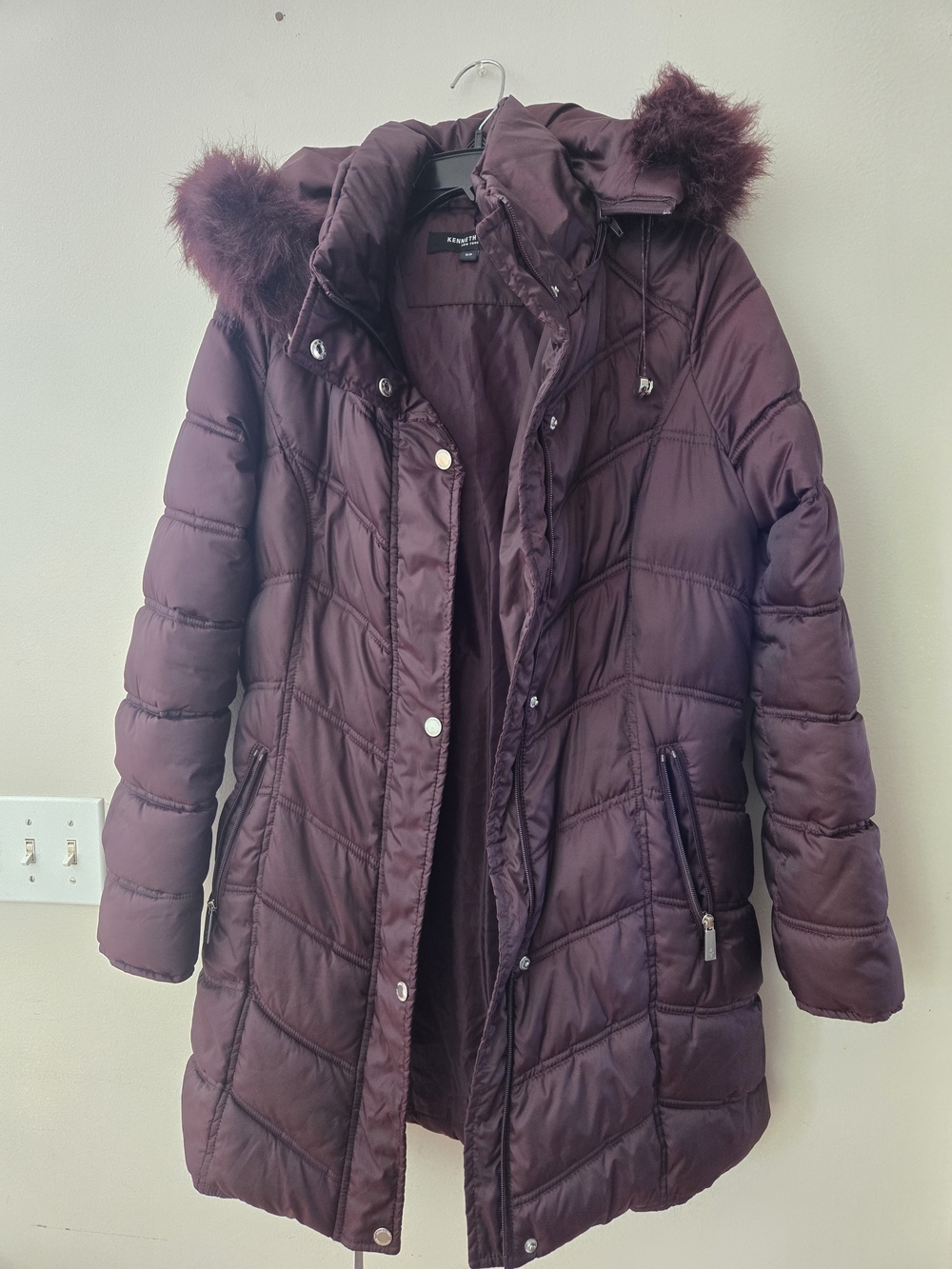 Kenneth Cole Women's Burgundy Puffer Coat with Faux Fur Hood